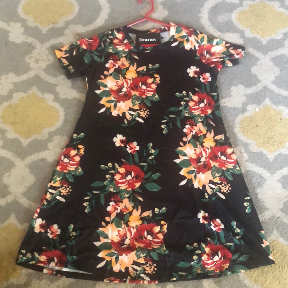 Black maxi dress with flowers.